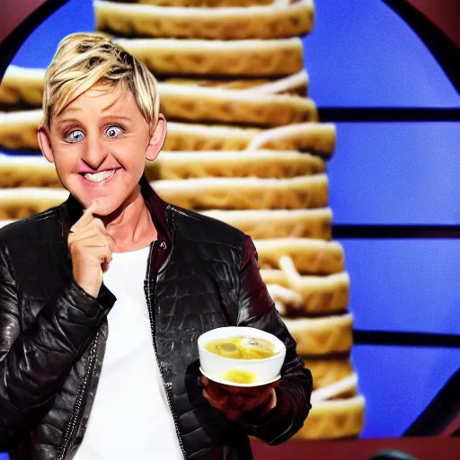 Prompt: Ellen DeGeneres cosplaying as Naruto and eating ramen noodles, absurd, surreal, high quality