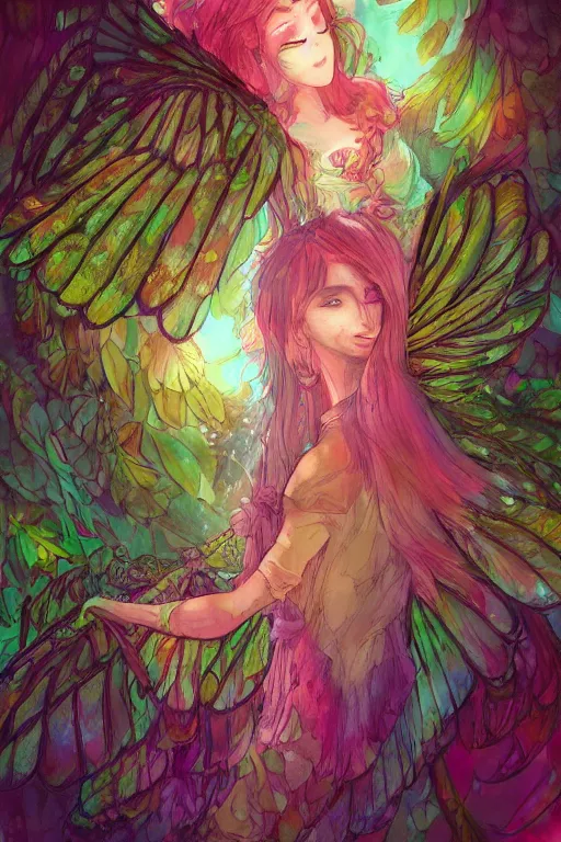 Prompt: wonderdream faeries lady feather wing digital art painting fantasy bloom vibrant keane glen and apterus sabbas and guay rebecca and demizu posuka illustration character design concept colorful joy atmospheric lighting butterfly