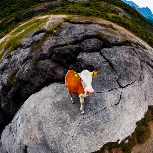 Image similar to a photo of a cow standing on black rocks, fisheye lens