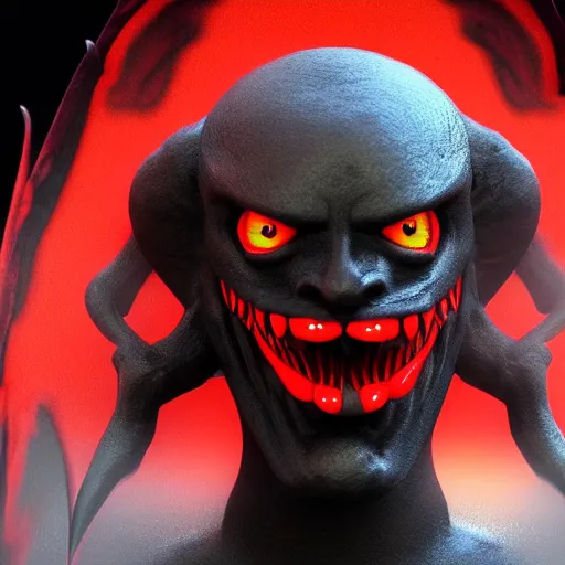 Image similar to black demon with evil face red eyes red mouth, wings, 3 d blender, 8 k, high quality, highly realistic photo realistic