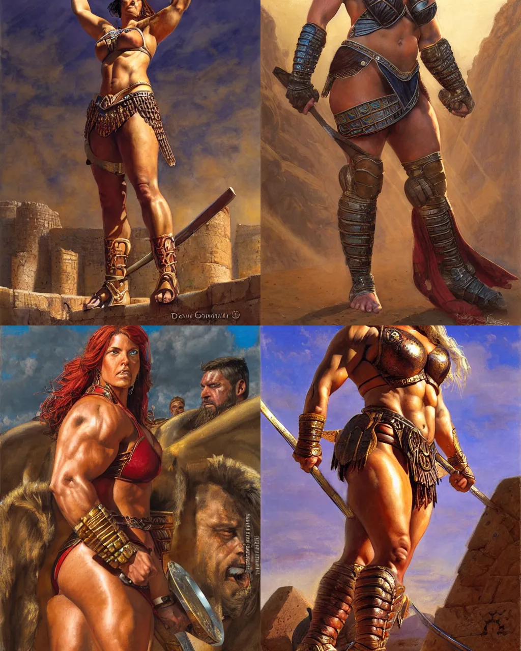 Prompt: portrait, large and strong female gladiator standing in the arena, muscular, robust and mighty, roman setting, low angle, sunshafts, by donato giancola and ralph horsley, centered, soft lighting, detailed