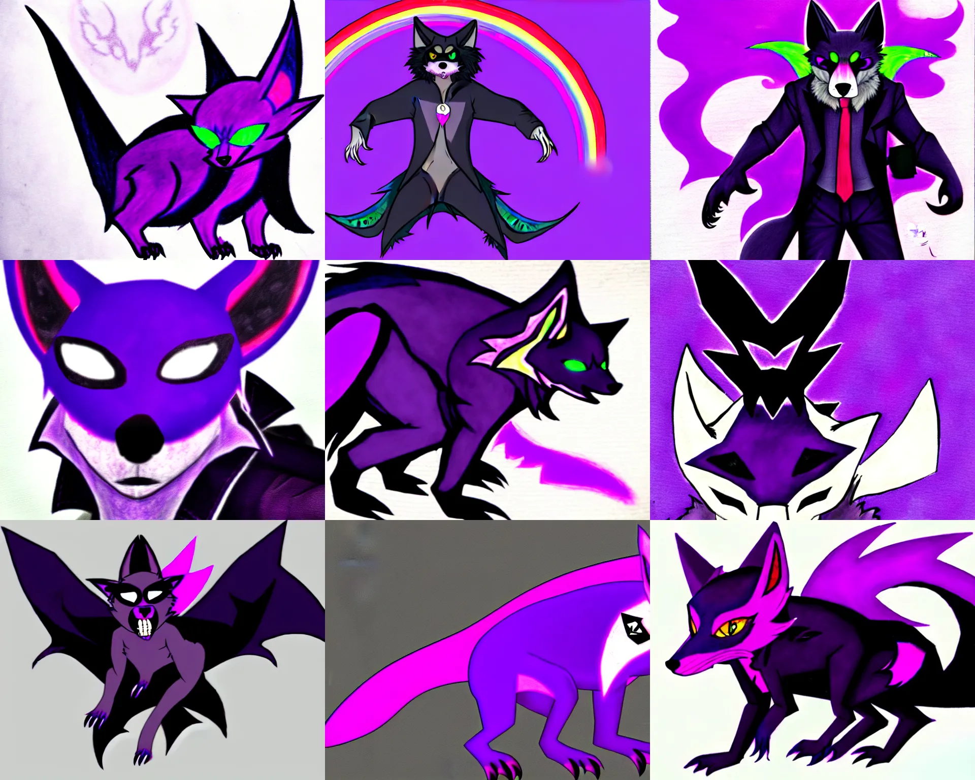 Prompt: a purple wolfbat fursona with an eyepatch and a rainbow tail, drawn in a noir style, reminescent of max payne and ghost in the shell