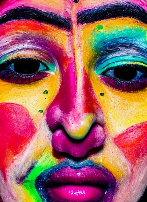 Prompt: close up of a person's face with colorful makeup, an ultrafine detailed painting by paul bodmer, featured on unsplash, neo - fauvism, vivid colors, unsplash hd, fauvism