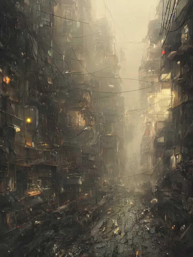 Image similar to futuristic dieselpunk street, hanging cables, narrow, garbage on the ground. rain. fog, haze, evening. led screens. golden hour. the very low point of view. close to the ground. volumetric lighting. cables on the ground. very messy. futuristic. photorealistic. artstation. anime. studio gimbli style