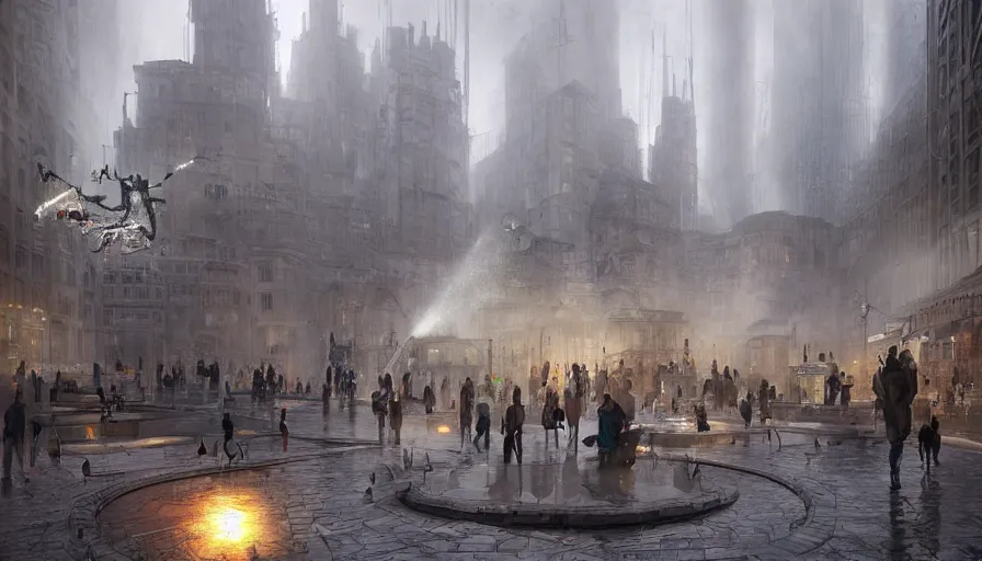 Image similar to City square in a Dieselpunk city, fontains with sculptures of people mixed with angines made from marble and petrol flowing instead of water, steam, epic composition, intricate, elegant, volumetric lighting, digital painting, highly detailed, artstation, sharp focus, illustration, concept art, ruan jia, steve mccurry