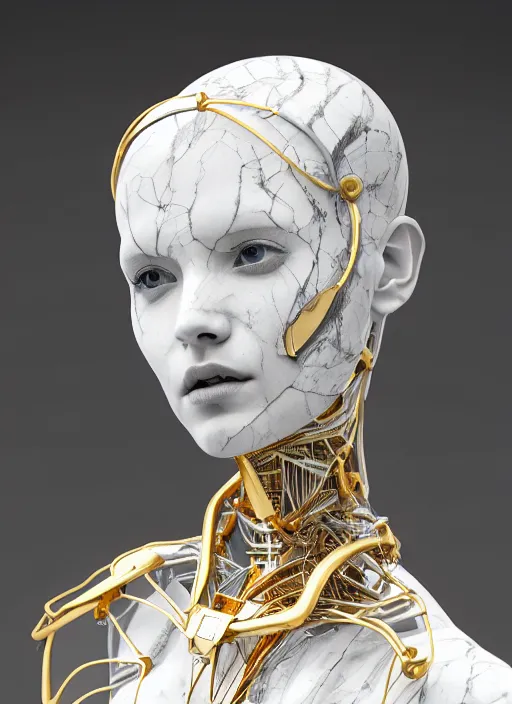 Image similar to a statue made of white marble with gold veins, of an gorgeous futuristic cybernetic angel girl, prostheses, transhumanism, full body shot, perfect symmetrical body, perfect symmetrical face, hyper realistic, hyper detailed, by johannen voss, by peter kemp, by monia merlo, by michelangelo, octane render, blender, 8 k