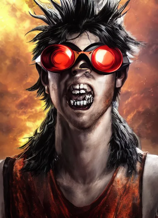 Image similar to An epic fantasy comic book style portrait painting of young man with red spiked long hair, using an orange lens googles. Wearing white shirt, a black waistcoat, brown pants and black boots. He is with a vicious smile in face. Unreal 5, DAZ, hyperrealistic, octane render, cosplay, RPG portrait, dynamic lighting