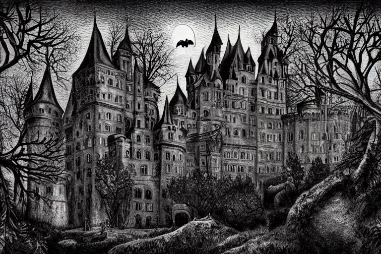 Image similar to european castle in the dark forest, taboo, shimmering seal array, gothic style, little crows circling in the sky in the distance