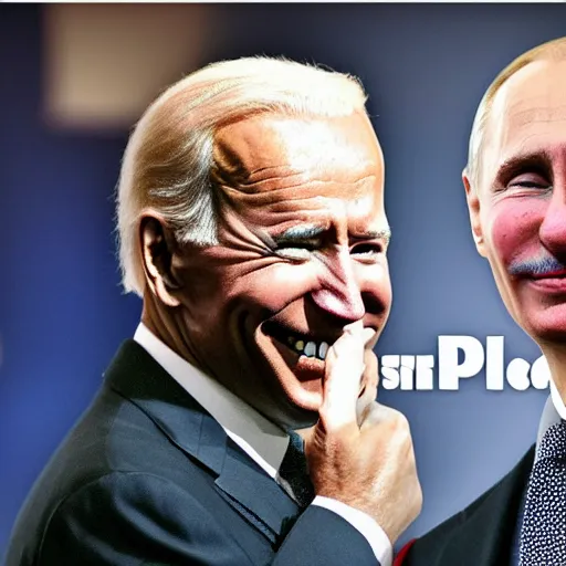 Image similar to clowns joe biden and jokers vladimir putin smiling wildly nuclear weapons in the background