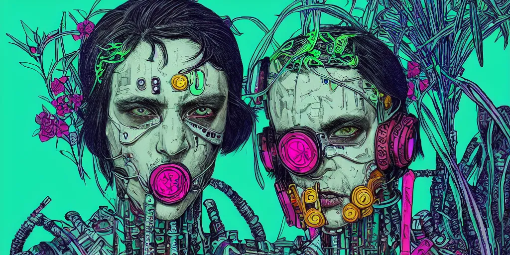 Image similar to risograph grainy drawing cyberpunk antagonist face wearing cyberpunk accessories, bright colors, with huge piercings, face covered with plants and flowers, by moebius and satisho kon and dirk dzimirsky close - up portrait, hyperrealistic