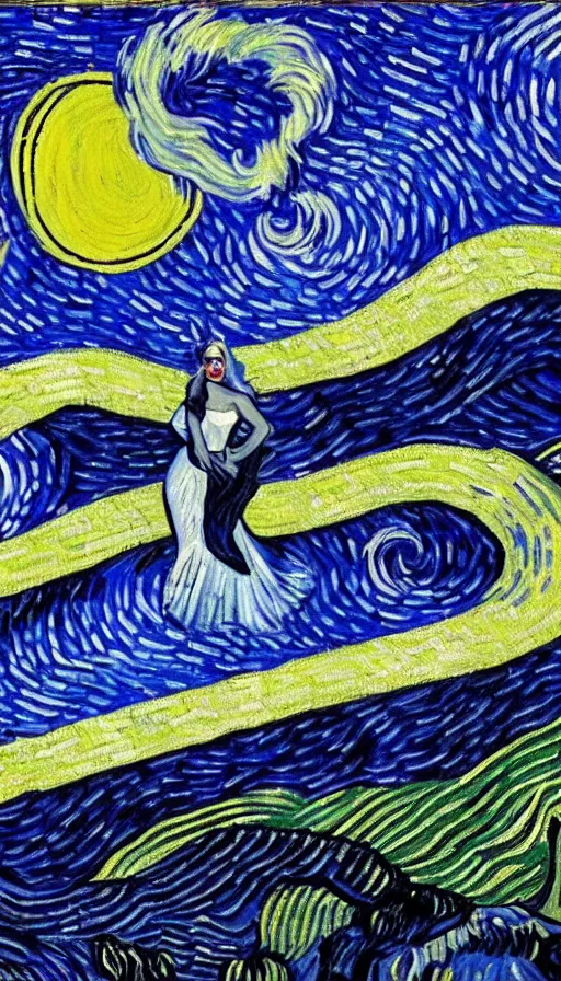 Image similar to A painting of Lady gaga in the style of Vincent van Gogh, starry night, blue yellow. perfectly-centered-painting of Lady Gaga, film still, dynamic action pose, insane detail, intricate, highly detailed, Zeiss Lens, DSLR photography, smooth, sharp focus, 8K