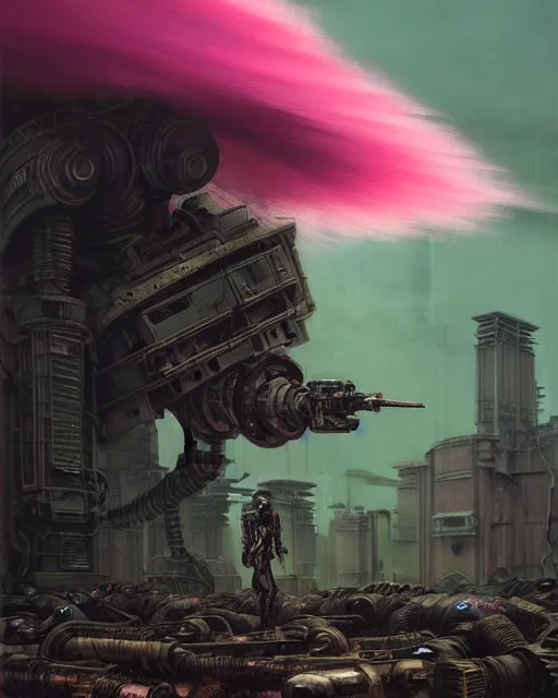 Image similar to hyperrealistic hyperdetailed punk mecha iridescent pink coming out of dystopian city ruins concept art santiago caruso de chirico sharp very dramatic green light 8k low angle shallow depth of field