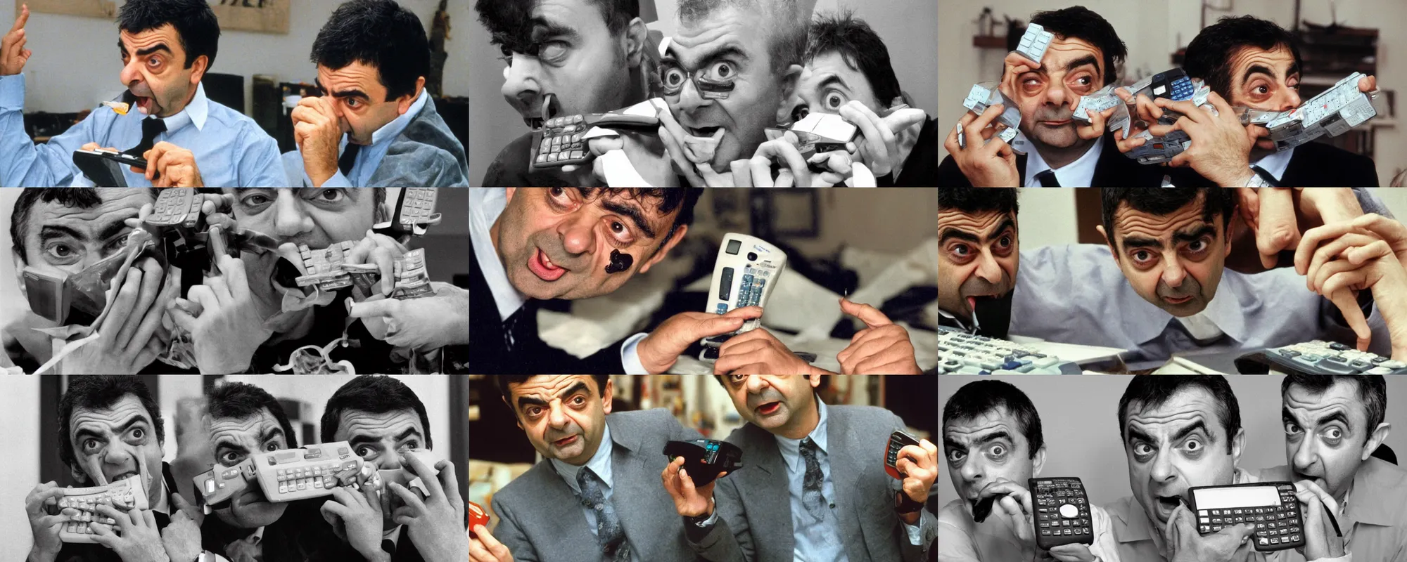 Prompt: funny photo of rowan atkinson trying to eat calculator casio calculator calculator calculator calculator, close up