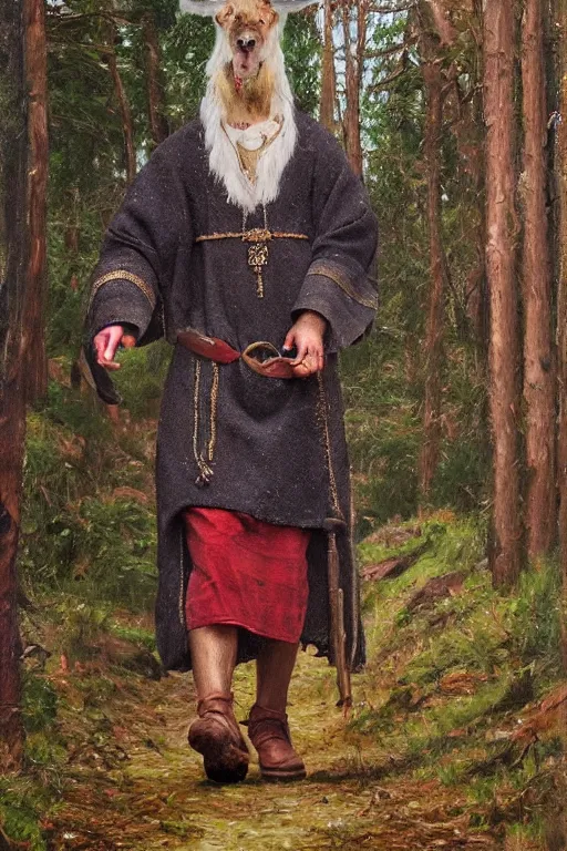 Image similar to by whimmy slavic dog head man, woolen torso in medieval clothes, walking in the forest, orthodox saint christopher, oil painting, painting by viktor vasnetsov, concept art, hyperrealism, beautiful, high resolution, trending on artstation,
