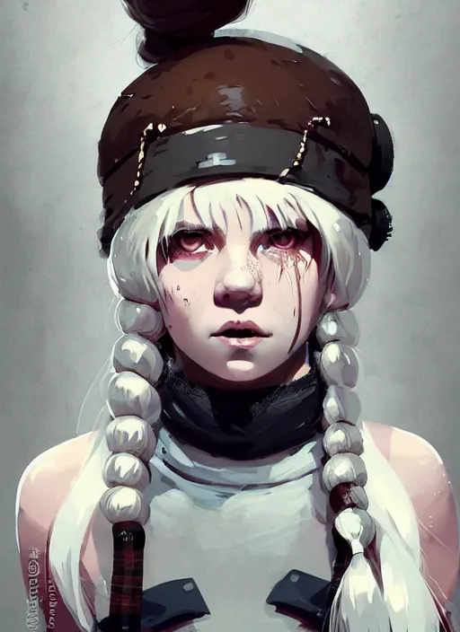 Prompt: highly detailed closeup portrait of a sewer punk swedish female barbarian student, tartan garment, blonde hair pigtails with headband by atey ghailan, by greg rutkowski, by greg tocchini, by james gilleard, by joe fenton, by kaethe butcher, gradient sapphire, black, brown and white color scheme, grunge aesthetic!!! white graffiti tag wall background