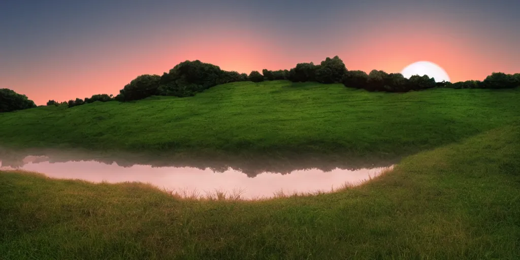 Prompt: round white dome on a hillside, by a river and fields, dreamy, sunset, volumetric lighting, Studio Ghibli