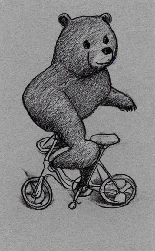 Prompt: sketch drawing of a bear riding a bicycle