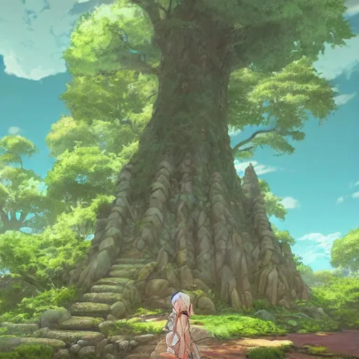 Image similar to mythical glowing ruins, beautiful ancient trees, hiding large treasure chest, serene evening atmosphere, soft lens, soft light, cel - shading, animation, in the style of cgsociety, deviantart, artstation, zbrush, cinema 4 d, studio ghibli, akihiko yoshida, atelier lulua, masamune shirow