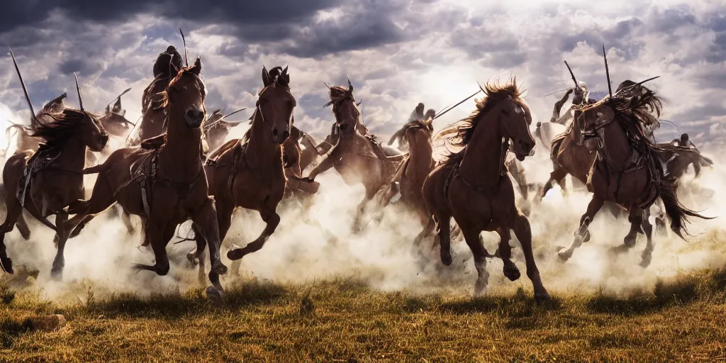 Image similar to promotional movie still of an action shot from the battle of little bighorn, majestic horses, desperate action, dramatic natural light, hdr, cinematic, extremely high detail, photorealistic, cinematic lighting, 4 k, 8 k, imax 7 0 mm, iso 4 0 0, hq