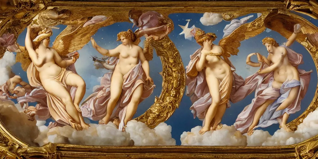 Prompt: people looking at sistina saint Woman Venus Athena beautiful gracious pagans baroque marble and gold in space stars clouds winged butterflies greeks