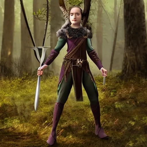 Prompt: anya charlota as a medieval fantasy wood elf, dark purple hair tucked behind ears, wearing a green tunic with a fur lined collar and leather armor, short, muscular build, scar across nose, one black, scaled arm, wielding a battleaxe, cinematic, character art, digital art, forest background, realistic.