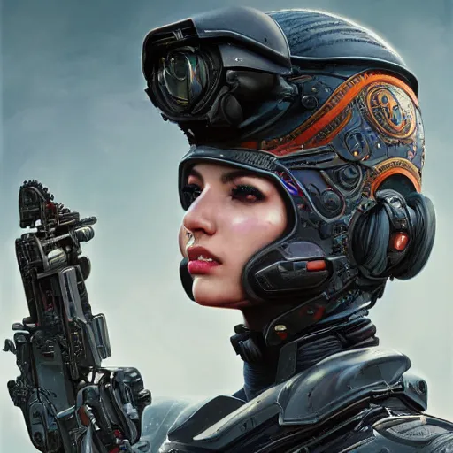 Image similar to retro futuristic female armed soldier portrait with open fractal ornate helmet, highly detailed, cinematic, 8k, by Stanley Artgermm, Tom Bagshaw, Greg Rutkowski, Vincent di Fate, Carne Griffiths, Ayami Kojima, trending on DeviantArt, hyper detailed, full of color, digital art,