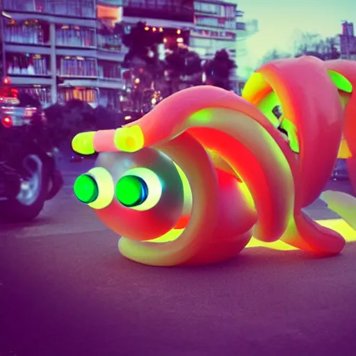 Image similar to a futuristic robotic gummi worm. dramatic product lighting. it's a gummi with extra juiciness. but it's also a worm. ick. trendy food truck. digital reality.