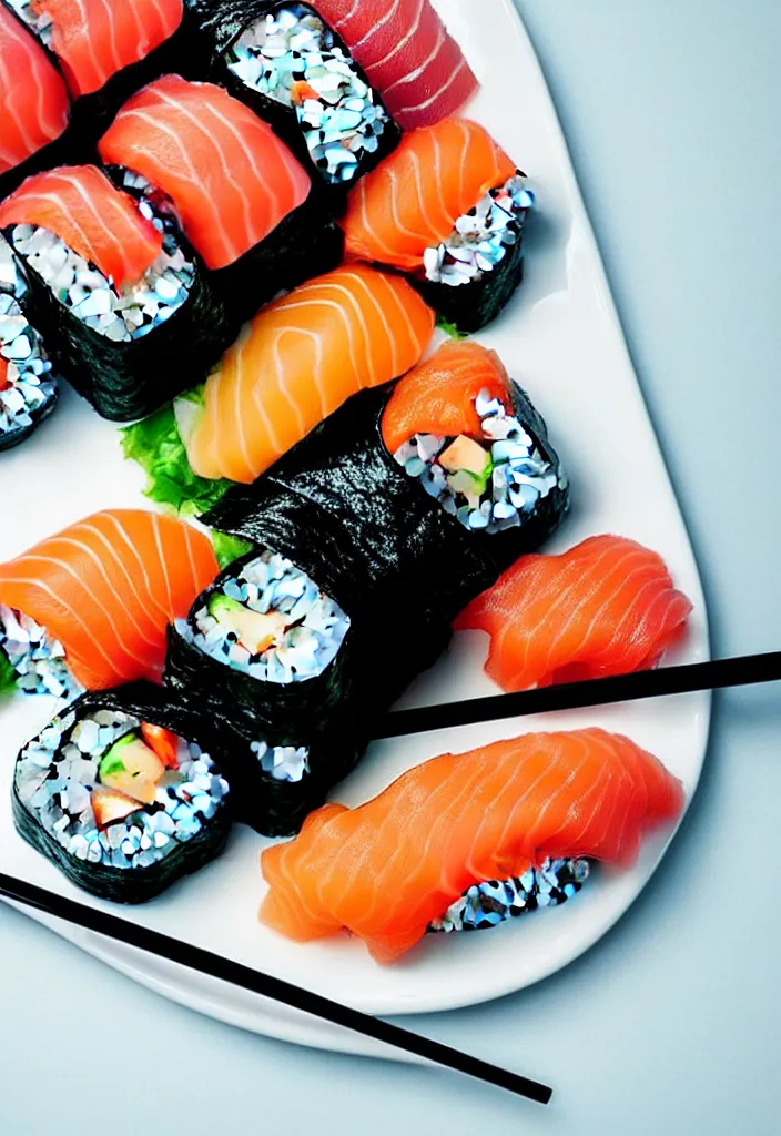 Image similar to extreme closeup of a single plate of sushi, hyper minimalist geometric 9 0 s graphic design in the style of buro destrukt and die gestalten verlag