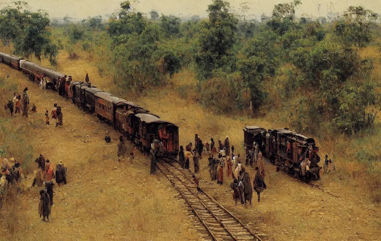 Prompt: a single railroad train travelling in rural nigeria, 1885, highly detailed oil on canvas, by Ilya Repin