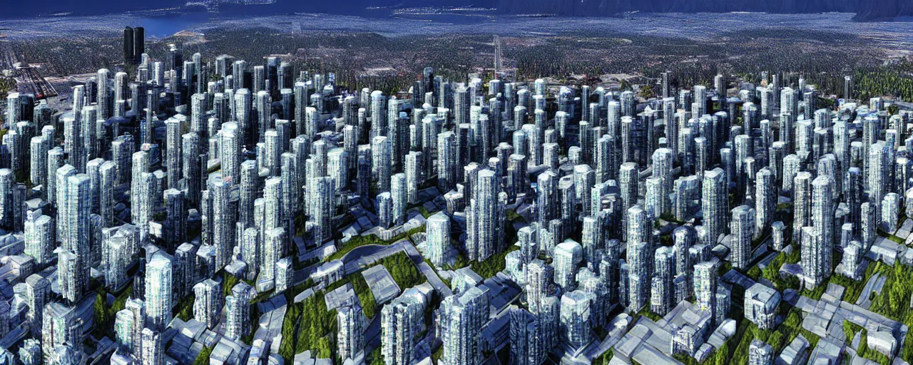 Prompt: vancouver as sim city, tilt shift, volumetric lighting, computer graphics, extremely detailed