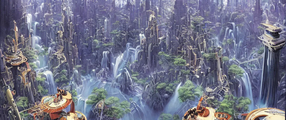 Image similar to A beautiful illustration of a futuristic city of bridges built on a world of waterfalls by Robert McCall and Ralph McQuarrie | sparth:.1 | Time white:.2 | Rodney Matthews:.2 | Graphic Novel, Visual Novel, Colored Pencil, Comic Book:.4 | unreal engine:.3 | | viewed from above | establishing shot:.7