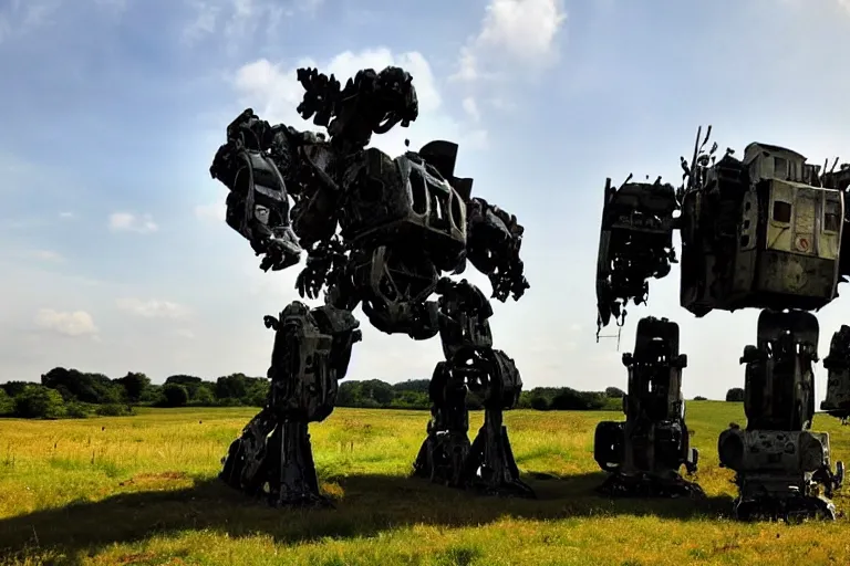 Image similar to beautiful english countryside, a ginormous destroyed mech lies broken in a field