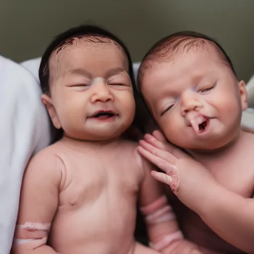 Image similar to a medical photography with flash of a baby with 2 heads on a hospital bed, closeup.