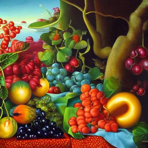 Image similar to forbidden fruit, surrealism, oil on canvas, high detail, masterpiece