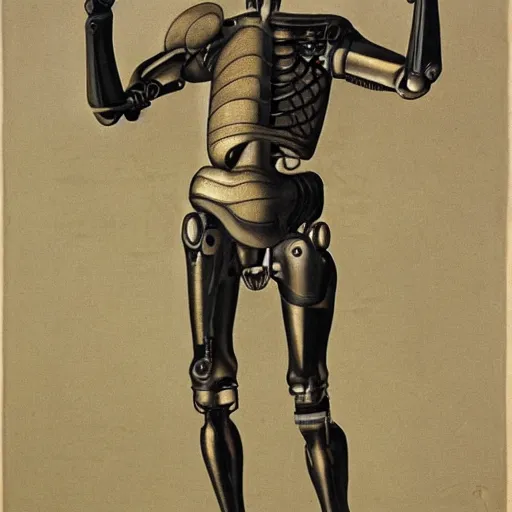 Prompt: a cyborg, by hans baldung