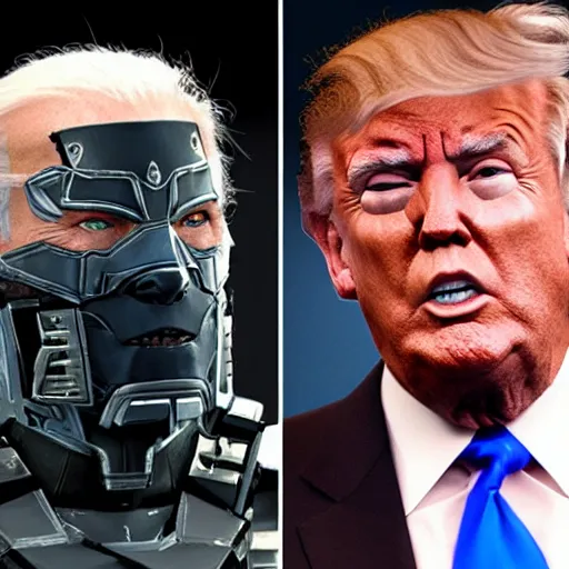 Image similar to joe biden as raiden from metal gear rising revengeance fighting donald trump as sentator armstrong