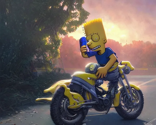 Image similar to realistic photography of bart simpson involved in a car crush, deep focus, intricate, elegant, highly detailed, digital painting, artstation, concept art, matte, sharp focus, illustration, art by artgerm and greg rutkowski and alphonse mucha