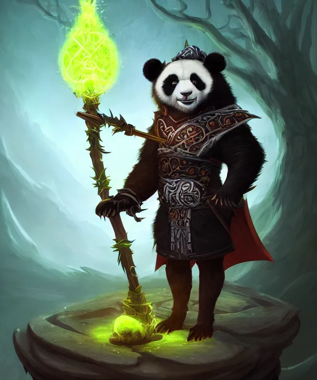 Image similar to a portrait an anthropomorphic panda warlock holding a staff, wearing warlock robes with spiked shoulders, landscape in background, dnd character art portrait, world of warcraft style, by peter mohrbacher, cinematic lighting