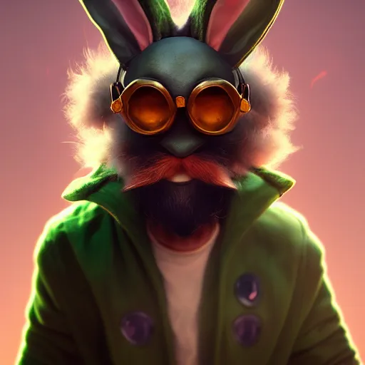 Prompt: Portrait of a rabbit as Heimerdinger from League of Legends, evil, anger, mystery, fear, highly detailed, ominous vibe, smoke, octane render, cgsociety, artstation, trending on ArtStation, by Marie Magny