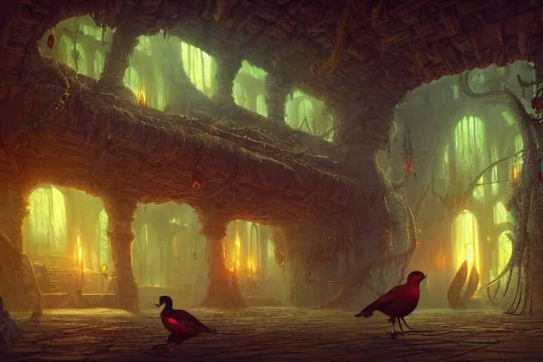 Prompt: An atmospheric rpg bird ornithologist shop stocked with various mystical birds in cages dungeon map room , vibrant color scheme, highly detailed, in the style of romanticism, cinematic, artstation, Moebius, Greg rutkowski