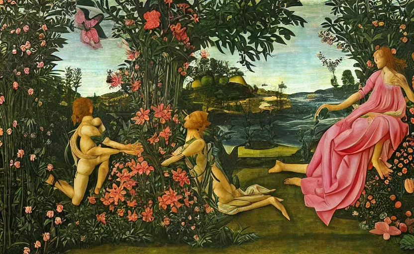 Image similar to mural depicting a lush floral oasis in a beautiful alien world, sci fi world, fantasy world, in the style of sandro botticelli, caravaggio, albrecth durer
