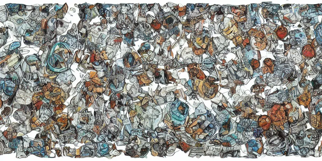 Image similar to unfinished escher style pattern of three point perspective, 3 6 0 panorama colorful kim jung gi balls with the texture of old rust and trash