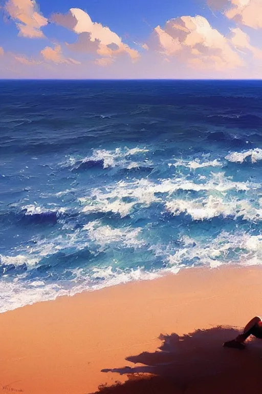 Prompt: beautiful blue puffy skies ocean with sand the shore, clear sharp oil paint highly detailed ethereal, by trending on artstation, greg rutkowski, rhads