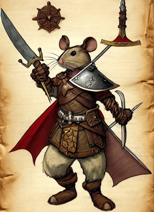 Image similar to a heroic mouse knight with sword and shield on a parchment background, redwall, greg rutowski and jean baptiste monge, detailed, epic fantasy concept art