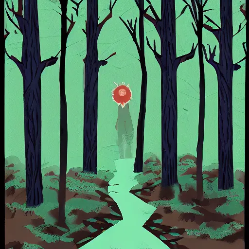 Prompt: Capercaillie blood mage walking in dark coniferous woods. Digital gouache, webcomic art