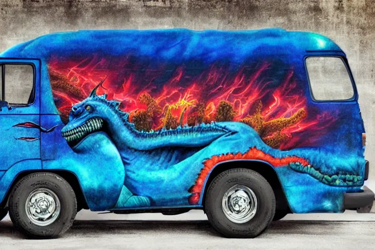 Prompt: a photo of a dark blue metallic 1 9 7 2 chevy g 1 0 panel van with an awesome airbrushed scene of a monster made of colorful coral reef emerging from the sea, 8 0 s synthwave, airbrushed, trapper keeper, lightning, explosions, creature design, monster, dinosaur