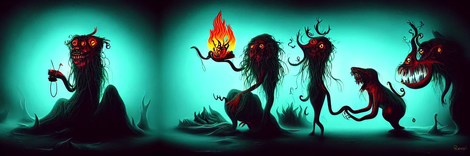 Image similar to whimsical creature freaks from the depths of the imagination, dramatic lighting from fire glow, surreal dark uncanny painting by ronny khalil