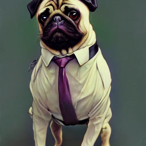 Image similar to pug in a suit, painted by tsuyoshi nagano, greg rutkowski, artgerm, alphonse mucha