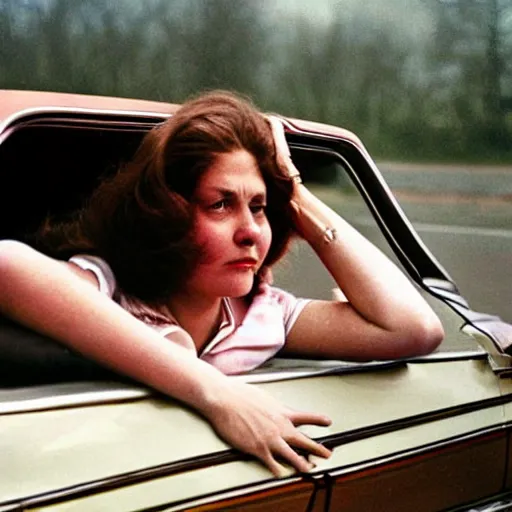 Image similar to a woman laying in the back seat of a car in 1 9 7 4 color