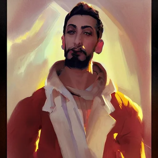 Image similar to greg manchess portrait painting of a young ducktail bearded middle eastern american male as overwatch character, medium shot, asymmetrical, profile picture, organic painting, sunny day, matte painting, bold shapes, hard edges, street art, trending on artstation, by huang guangjian and gil elvgren and sachin teng